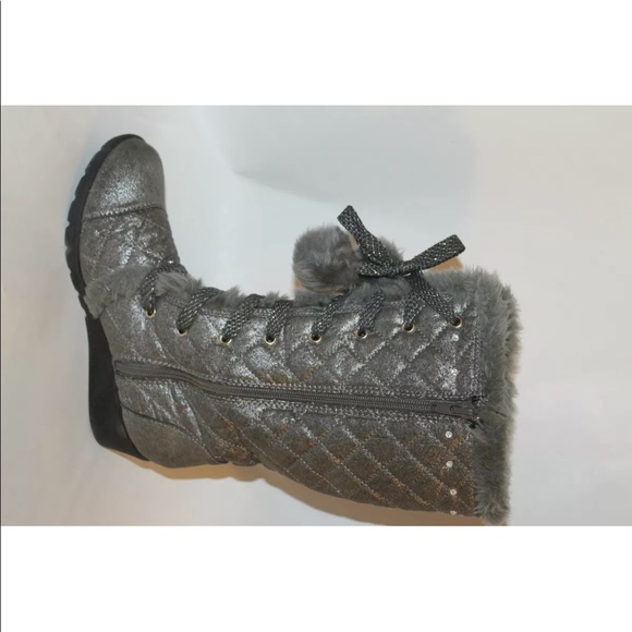 Justice Winter Girl Boots Gray Quilted Studs Zipper Lace Lined Sz 3 Gemstones - Picture 3 of 12